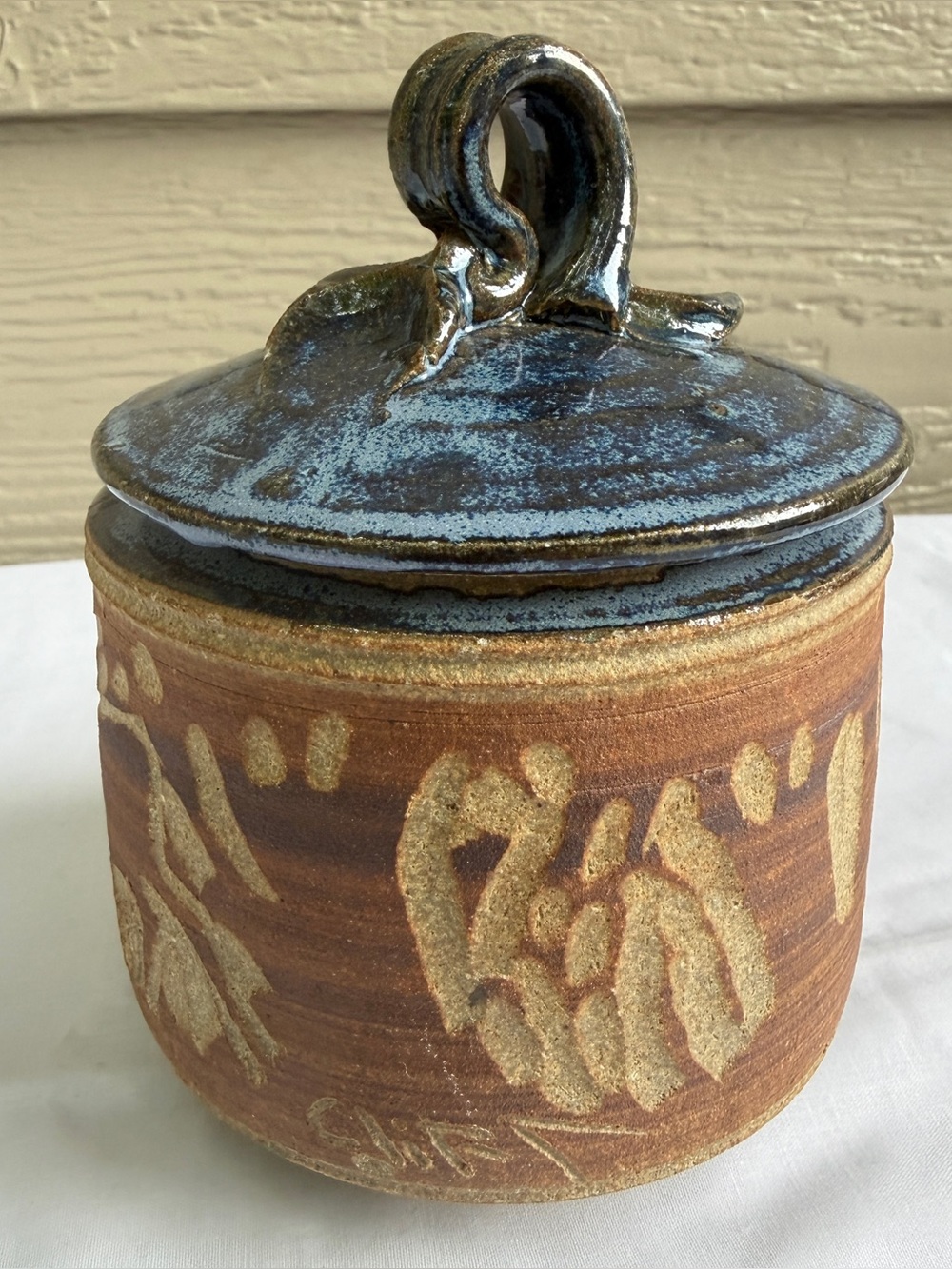 Vintage Studio Pottery Lidded Jar Bowl Blue & Brown Glaze Hand Thrown Signed